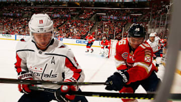SUNRISE, FL - APRIL 1: Aleksander Barkov #16 of the Florida Panthers skates for possession against Nicklas Backstrom #19 of the Washington Capitals at the BB&T Center on April 1, 2019 in Sunrise, Florida. (Photo by Eliot J. Schechter/NHLI via Getty Images)