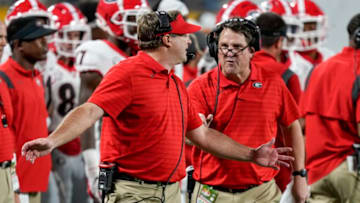 Georgia football head coach Kirby Smart and assistant Will Muschamp. (Jim Dedmon-USA TODAY Sports)