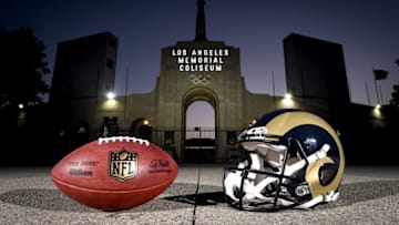 May 1, 2016; Los Angeles, CA, USA; General view of Los Angeles Rams helmet and NFL Wilson Duke football at the Los Angeles Memorial Coliseum. NFL owners voted 30-2 to allow Rams owner Stan Kroenke (not pictured) to move the franchise to Los Angeles for the 2016 season. The Rams selected Jared Goff (not pictured) with the No. 1 pick of the 2016 NFL draft after a trade with the Tennessee Titans. Mandatory Credit: Kirby Lee-USA TODAY Sports