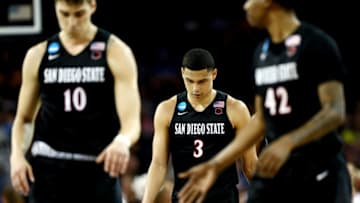 WICHITA, KS - MARCH 15: Trey Kell #3 of the San Diego State Aztecs reacts against the Houston Cougars during the second half of the first round of the 2018 NCAA Men's Basketball Tournament at INTRUST Arena on March 15, 2018 in Wichita, Kansas. (Photo by Jamie Squire/Getty Images)