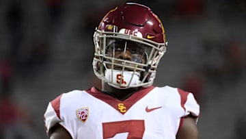 TUCSON, AZ - SEPTEMBER 29: Running back Stephen Carr #7 of the USC Trojans warms up for the game against the Arizona Wildcats at Arizona Stadium on September 29, 2018 in Tucson, Arizona. (Photo by Jennifer Stewart/Getty Images)