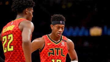 WASHINGTON, DC - MARCH 06: De'Andre Hunter #12 and Cam Reddish #22 of the Atlanta Hawks look on during the first half against the Washington Wizards at Capital One Arena on March 06, 2020 in Washington, DC. NOTE TO USER: User expressly acknowledges and agrees that, by downloading and or using this photograph, User is consenting to the terms and conditions of the Getty Images License Agreement. (Photo by Will Newton/Getty Images)