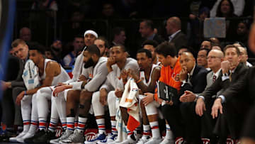 Jan 2, 2017; New York, NY, USA; New York Knicks head coach Jeff Hornacek looks on with his team in the final seconds of the second half loss against the Orlando Magic at Madison Square Garden. Mandatory Credit: Adam Hunger-USA TODAY Sports