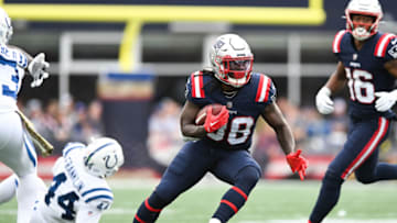 FOXBOROUGH, MA - NOVEMBER 6, 2022: Rhamondre Stevenson #38 of the New England Patriots runs with the football during a game against the Indianapolis Colts at Gillette Stadium on November 6, 2022 in Foxborough, Massachusetts. (Photo by Kathryn Riley/Getty Images)