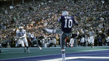 MIAMI, FL - JANUARY 17: Ron Widby #10 of the Dallas Cowboys punts the ball against the Baltimore Colts during Super Bowl V January 17, 1971 at the Orange Bowl in Miami, Florida. The Colts won the game 16 -13. (Photo by Focus on Sport/Getty Images)