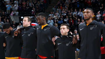 SALT LAKE CITY, UT - APRIL 3: Utah Jazz stand during the national anthem before the game against the Los Angeles Lakers on April 3, 2018 at vivint.SmartHome Arena in Salt Lake City, Utah. NOTE TO USER: User expressly acknowledges and agrees that, by downloading and or using this Photograph, User is consenting to the terms and conditions of the Getty Images License Agreement. Mandatory Copyright Notice: Copyright 2018 NBAE (Photo by Melissa Majchrzak/NBAE via Getty Images)