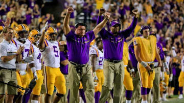 Oct 1, 2016; Baton Rouge, LA, USA; LSU Tigers interim head coach Ed Orgeron celebrates after a touchdown against the Missouri Tigers during the fourth quarter of a game at Tiger Stadium. Mandatory Credit: Derick E. Hingle-USA TODAY Sports