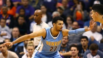 Nov 27, 2016; Phoenix, AZ, USA; Denver Nuggets guard Jamal Murray (27) against the Phoenix Suns at Talking Stick Resort Arena. The Nuggets defeated the Suns 118-114. Mandatory Credit: Mark J. Rebilas-USA TODAY Sports