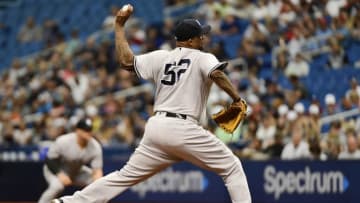 ST PETERSBURG, FL - SEPTEMBER 27: CC Sabathia #52 of the New York Yankees throws a pitch in the first inning against the Tampa Bay Rays on September 27, 2018 at Tropicana Field in St Petersburg, Florida. (Photo by Julio Aguilar/Getty Images)