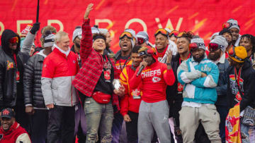 KANSAS CITY, MO - FEBRUARY 05: Tyreek Hill #10 of the Kansas City Chiefs thanks fans during the Kansas City Super Bowl parade on February 5, 2020 in Kansas City, Missouri. (Photo by Kyle Rivas/Getty Images)