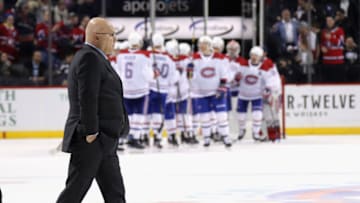 NEW YORK, NEW YORK - MARCH 03: New York Islanders head coach Barry Trotz leaves the ice as the Montreal Canadiens celebrate their 6-2 at the Barclays Center on March 03, 2020 in the Brooklyn borough of New York City. (Photo by Bruce Bennett/Getty Images)