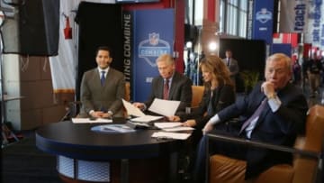 Feb 19, 2015; Indianapolis, IN, USA; ESPN announcers from left to right Adam Schefter, Chris Mortensen, Suzy Kolber, and Bill Polian are on set broadcasting live during the 2015 NFL Combine at Lucas Oil Stadium. Mandatory Credit: Brian Spurlock-USA TODAY Sports