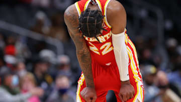 ATLANTA, GEORGIA - DECEMBER 22: Cam Reddish #22 of the Atlanta Hawks reacts after a turnover against the Orlando Magic during the second half at State Farm Arena on December 22, 2021 in Atlanta, Georgia. NOTE TO USER: User expressly acknowledges and agrees that, by downloading and or using this photograph, User is consenting to the terms and conditions of the Getty Images License Agreement. (Photo by Kevin C. Cox/Getty Images)