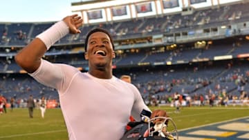 Dec 4, 2016; San Diego, CA, USA; Tampa Bay Buccaneers quarterback Jameis Winston (3) reacts as he comes off the field after a 28-21 win over the San Diego Chargers at Qualcomm Stadium. Mandatory Credit: Jake Roth-USA TODAY Sports
