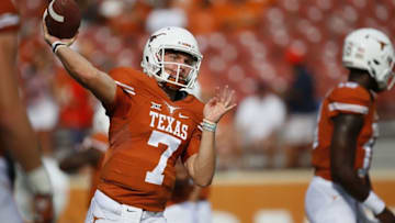 Sep 10, 2016; Austin, TX, USA; Texas Longhorns quarterback Shane Buechele (7) warms up before the game against the University of Texas at El Paso at Darrell K Royal-Texas Memorial Stadium. Mandatory Credit: Erich Schlegel-USA TODAY Sports