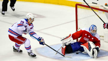 WASHINGTON, DC - FEBRUARY 24: Washington Capitals goaltender Pheonix Copley (1) drops to ice to make a third period save against New York Rangers left wing Chris Kreider (20) on February 24, 2019, at the Capital One Arena in Washington, D.C. (Photo by Mark Goldman/Icon Sportswire via Getty Images)