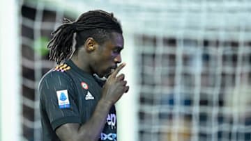 Juventus' Italian forward Moise Kean celebrates scoring his team's first goal during the Italian Serie A football match between Empoli and Juventus at the Carlo-Castellani staduim in Empoli, on February 26, 2022. (Photo by Alberto PIZZOLI / AFP) (Photo by ALBERTO PIZZOLI/AFP via Getty Images)