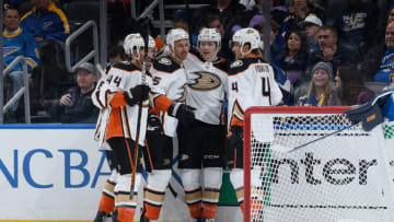 ST. LOUIS, MO - NOVEMBER 16: Ryan Getzlaf #15 of the Anaheim Ducks is congratulated after scoring a goal against the St. Louis Blues at Enterprise Center on November 16, 2019 in St. Louis, Missouri. (Photo by Scott Rovak/NHLI via Getty Images)