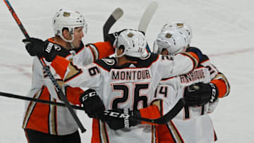 ST. PAUL, MN - JANUARY 17: Adam Henrique #14 of the Anaheim Ducks celebrates his 1st period goal with Brandon Montour #26 of the Anaheim Ducks and Nick Ritchie #37 of the Anaheim Ducks during a game with the Minnesota Wild at Xcel Energy Center on January 17, 2018 in St. Paul, Minnesota.(Photo by Bruce Kluckhohn/NHLI via Getty Images)