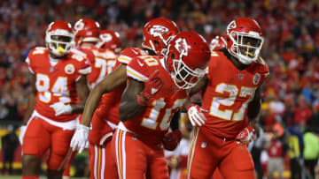 KANSAS CITY, MO - DECEMBER 16: Kansas City Chiefs wide receiver Tyreek Hill (10) and teammates celebrate after running back Kareem Hunt's (27) 5-yard touchdown run in the fourth quarter of a week 15 NFL game between the Los Angeles Chargers and Kansas City Chiefs on December 16, 2017 at Arrowhead Stadium in Kansas City, MO. The Chiefs won 30-13. (Photo by Scott Winters/Icon Sportswire via Getty Images)