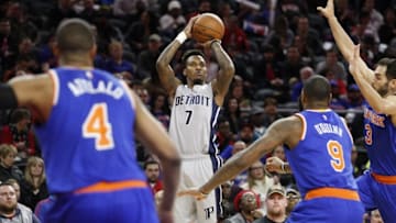 Feb 4, 2016; Auburn Hills, MI, USA; Detroit Pistons guard Brandon Jennings (7) takes a shot over New York Knicks forward Kyle O'Quinn (9) during the second quarter at The Palace of Auburn Hills. Mandatory Credit: Raj Mehta-USA TODAY Sports