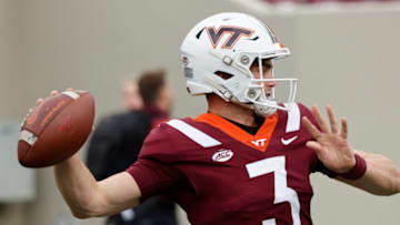 Oct 16, 2021; Blacksburg, Virginia, USA; Virginia Tech Hokies quarterback Braxton Burmeister (3) throws a warmup pass before the game against the Pittsburgh Panthers at Lane Stadium. Mandatory Credit: Reinhold Matay-USA TODAY Sports