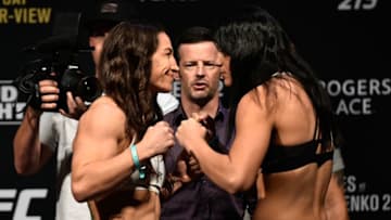 EDMONTON, AB - SEPTEMBER 08: (L-R) Opponents Sara McMann and Ketlen Vieira of Brazil face-off during the UFC 215 weigh-in inside the Rogers Place on September 8, 2017 in Edmonton, Alberta, Canada. (Photo by Jeff Bottari/Zuffa LLC/Zuffa LLC via Getty Images)