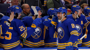 Dec 1, 2022; Buffalo, New York, USA; Buffalo Sabres right wing Alex Tuch (89) celebrates his goal with teammates during the third period against the Colorado Avalanche at KeyBank Center. Mandatory Credit: Timothy T. Ludwig-USA TODAY Sports