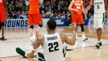 DETROIT, MI - MARCH 18: Michigan State Spartans guard Miles Bridges (22) reacts to an official's call during the NCAA Division I Men's Championship Second Round basketball game between the Syracuse Orange and the Michigan State Spartans on March 18, 2018 at Little Caesars Arena in Detroit, Michigan. Syracuse defeated Michigan State 55-53. (Photo by Scott W. Grau/Icon Sportswire via Getty Images)