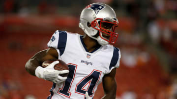 TAMPA, FL - OCTOBER 5: Wide receiver Brandin Cooks #14 of the New England Patriots warms up before the start of an NFL football game against the Tampa Bay Buccaneers on October 5, 2017 at Raymond James Stadium in Tampa, Florida. (Photo by Brian Blanco/Getty Images)