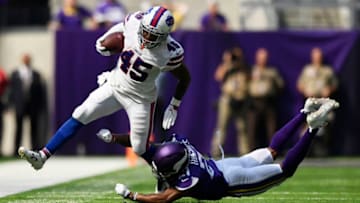 MINNEAPOLIS, MN - SEPTEMBER 23: Marcus Murphy #45 of the Buffalo Bills is knocked out of bounds by Mike Hughes #21 of the Minnesota Vikings in the first half of the game at U.S. Bank Stadium on September 23, 2018 in Minneapolis, Minnesota. (Photo by Hannah Foslien/Getty Images)