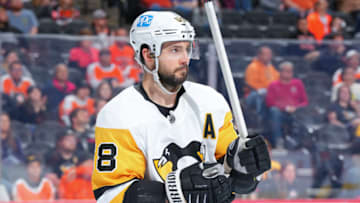 PHILADELPHIA, PA - APRIL 24: Kris Letang #58 of the Pittsburgh Penguins looks on against the Philadelphia Flyers at the Wells Fargo Center on April 24, 2022 in Philadelphia, Pennsylvania. The Philadelphia Flyers defeated the Pittsburgh Penguins 4-1. (Photo by Mitchell Leff/Getty Images)