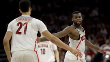 Dec 20, 2016; Tucson, AZ, USA; Arizona Wildcats guard Kadeem Allen (5) and center Chance Comanche (21) high five during the second half against the New Mexico Lobos at McKale Center. Mandatory Credit: Casey Sapio-USA TODAY Sports