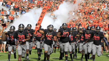 Sep 10, 2016; Stillwater, OK, USA; The Oklahoma State Cowboys run onto the field before the start of a game against the Central Michigan Chippewas during the first quarter at Boone Pickens Stadium. Mandatory Credit: Alonzo Adams-USA TODAY Sports