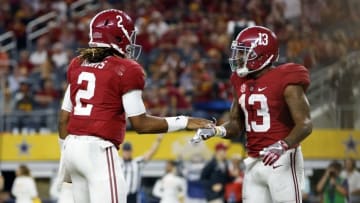 Sep 3, 2016; Arlington, TX, USA; Alabama Crimson Tide quarterback Jalen Hurts (2) celebrates a touchdown with receiver ArDarius Stewart (13) during the third quarter against the USC Trojans at AT&T Stadium. Mandatory Credit: Tim Heitman-USA TODAY Sports