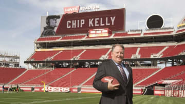 January 20, 2016; Santa Clara, CA, USA; Chip Kelly addresses the media in a press conference after being introduced as the new head coach for the San Francisco 49ers at Levi's Stadium Auditorium. Mandatory Credit: Kyle Terada-USA TODAY Sports