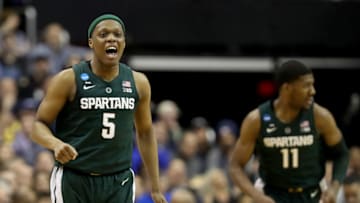 WASHINGTON, DC - MARCH 31: Cassius Winston #5 of the Michigan State Spartans celebrates a basket against the Duke Blue Devils during the first half in the East Regional game of the 2019 NCAA Men's Basketball Tournament at Capital One Arena on March 31, 2019 in Washington, DC. (Photo by Rob Carr/Getty Images)