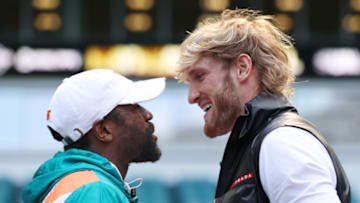 MIAMI GARDENS, FLORIDA - MAY 06: Floyd Mayweather and Logan Paul face off during media availability prior to their June 6 match at Hard Rock Stadium on May 06, 2021 in Miami Gardens, Florida. (Photo by Cliff Hawkins/Getty Images)