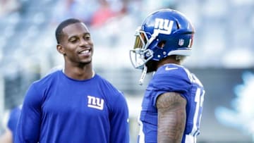 Aug 12, 2016; East Rutherford, NJ, USA; New York Giants wide receiver Victor Cruz (left) and wide receiver Odell Beckham (13) before the preseason game at MetLife Stadium. Mandatory Credit: Vincent Carchietta-USA TODAY Sports