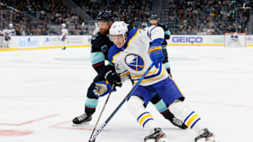 SEATTLE, WASHINGTON - NOVEMBER 04: Tage Thompson #72 of the Buffalo Sabres skates against Adam Larsson #6 of the Seattle Kraken on November 04, 2021 at Climate Pledge Arena in Seattle, Washington. (Photo by Steph Chambers/Getty Images)
