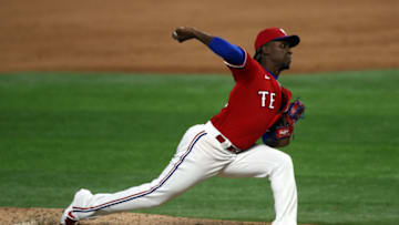 ARLINGTON, TEXAS - SEPTEMBER 12: Rafael Montero #48 of the Texas Rangers throws against the Oakland Athletics in the ninth inning at Globe Life Field on September 12, 2020 in Arlington, Texas. (Photo by Ronald Martinez/Getty Images)