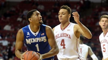 Dec 17, 2016; Norman, OK, USA; Memphis Tigers guard Dedric Lawson (1) drives to the basket agains tOklahoma Sooners center Jamuni McNeace (4) during the first half at Lloyd Noble Center. Mandatory Credit: Mark D. Smith-USA TODAY Sports