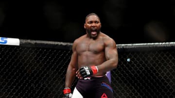 Jan 30, 2016; Newark, NJ, USA; Anthony Johnson (black trunks) reacts after defeating Ryan Bader (not pictured) during UFC on Fox 18 at Prudential Center. Mandatory Credit: Brad Penner-USA TODAY Sports