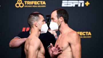 LAS VEGAS, NEVADA - SEPTEMBER 18: In this handout image provided by UFC,(L-R) Mirsad Bektic and Damon Jackson face off during the UFC Fight Night weigh-in at UFC APEX on September 18, 2020 in Las Vegas, Nevada. (Photo by Chris Unger/Zuffa LLC via Getty Images)