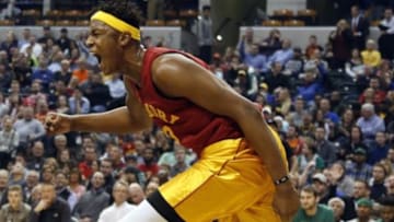 Dec 22, 2016; Indianapolis, IN, USA; Indiana Pacers center Myles Turner (33) reacts after dunking against the Boston Celtics at Bankers Life Fieldhouse. Mandatory Credit: Brian Spurlock-USA TODAY Sports