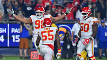 LOS ANGELES, CA - NOVEMBER 19: Kansas City Chiefs nose tackle Xavier Williams (98) celebrates his sack on Los Angeles Rams quarterback Jared Goff (16) at the Los Angeles Memorial Coliseum on Monday, Nov. 19, 2018. (Photo by Scott Varley/Digital First Media/Torrance Daily Breeze via Getty Images)