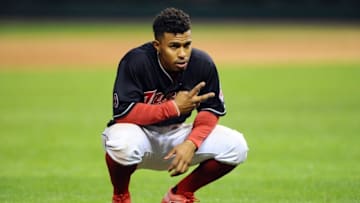 Oct 2, 2015; Cleveland, OH, USA; Cleveland Indians shortstop Francisco Lindor (12) during the seventh inning against the Boston Red Sox at Progressive Field. Mandatory Credit: Ken Blaze-USA TODAY Sports