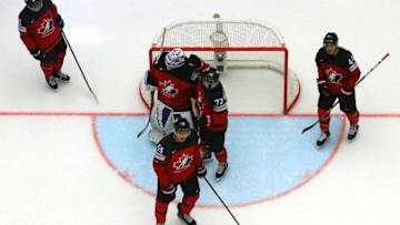HERNING, DENMARK - MAY 06: Curtis McElhinney, goaltender of Canada celebratw with his team mates victory over Korea after the 2018 IIHF Ice Hockey World Championship group stage game between Korea and Canada at Jyske Bank Boxen on May 6, 2018 in Herning, Denmark. (Photo by Martin Rose/Getty Images)