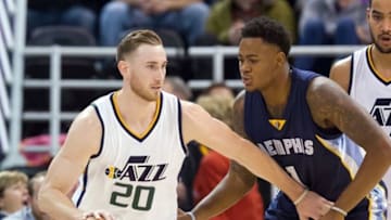 Nov 14, 2016; Salt Lake City, UT, USA; Memphis Grizzlies forward Jarell Martin (1) defends against Utah Jazz forward Gordon Hayward (20) during the first half at Vivint Smart Home Arena. Mandatory Credit: Russ Isabella-USA TODAY Sports