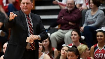 LORETTO, PA - MARCH 11: Head coach Joe Haigh of the St. Francis (PA) Red Flash yells instruction towards the court in the second half during the Championship of the Northeast Conference Basketball Tournament at DeGol Arena on March 11, 2018 in Loretto, Pennsylvania. (Photo by Justin Berl/Getty Images)